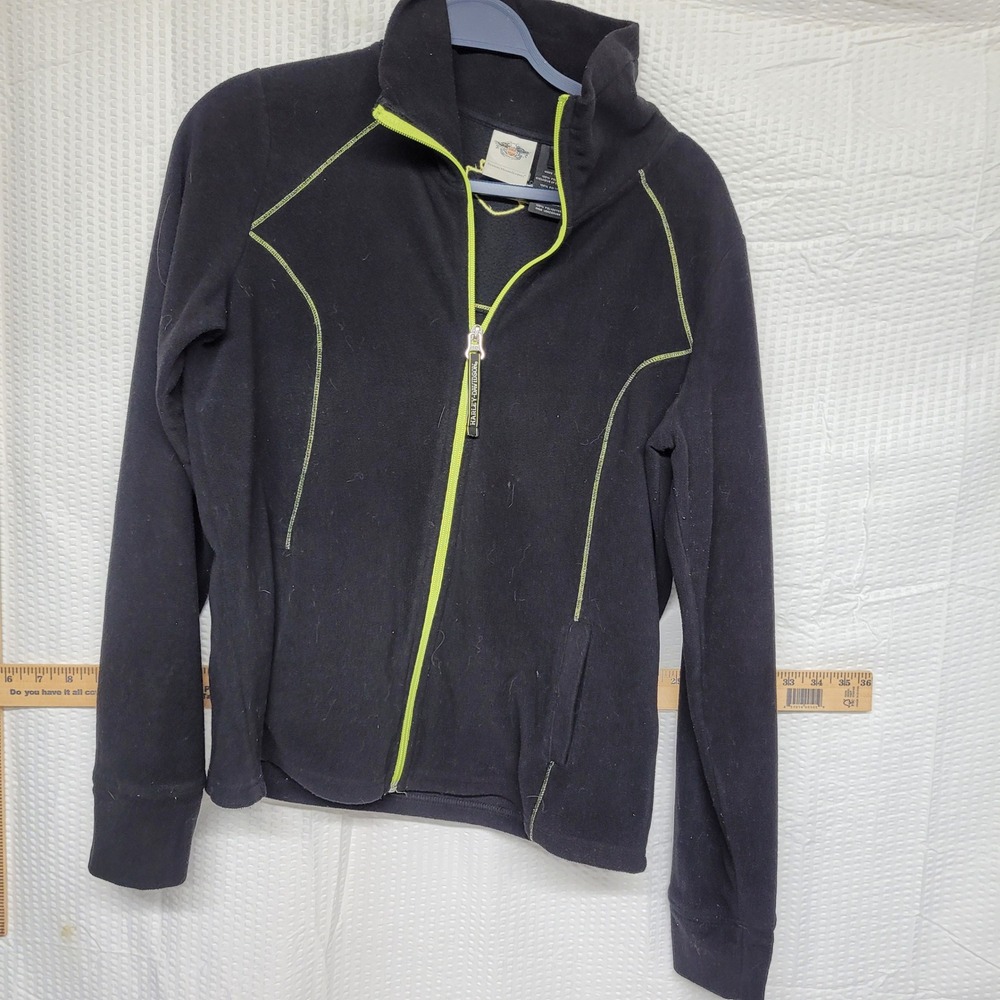 Harley-Davidson Womens Black Fleece Jacket Neon Green Trim Logo Size Large